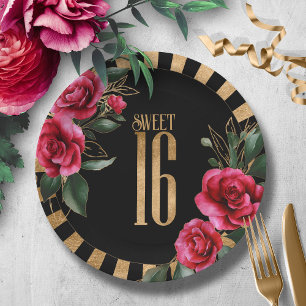 Assiettes En Carton Gold Foil Stripes Sweet sixteen Floral Black ID757