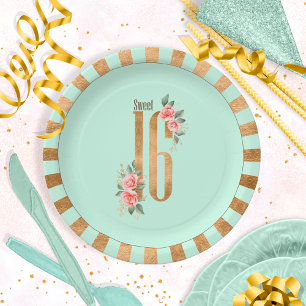 Assiettes En Carton Gold Foil Stripes Sweet sixteen Mint Green ID756
