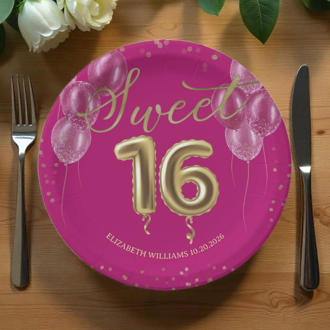 Assiettes En Carton Gold Foil Sweet 16 Anniversaires Balloons Party Ho (Créateur téléchargé)