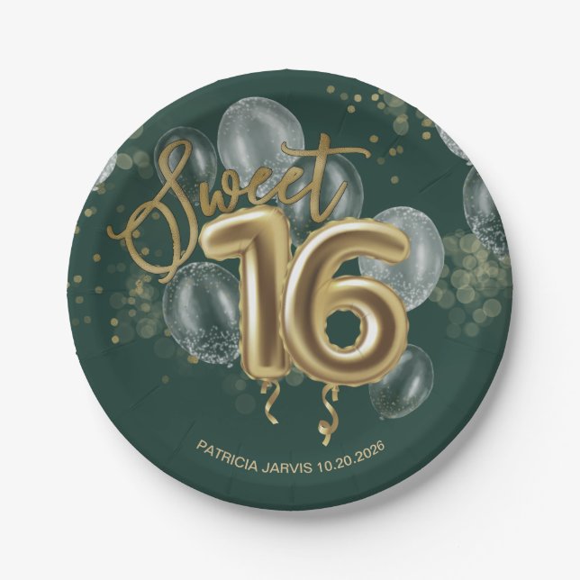 Assiettes En Carton Gold Foil Sweet 16 Ballons d'anniversaire Emerald  (Devant)