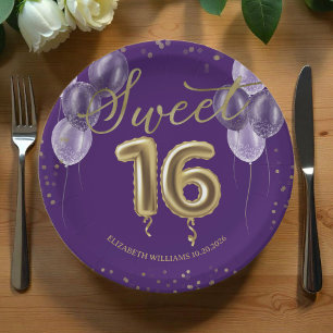 Assiettes En Carton Gold Foil Sweet 16 Ballons d'anniversaire fête vio