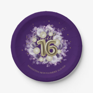Assiettes En Carton Gold Foil Sweet 16 Ballons d'anniversaire fête vio