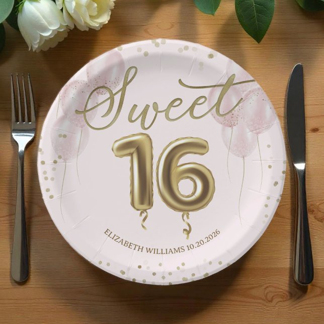 Assiettes En Carton Gold Foil Sweet 16 Ballons d'anniversaire rose (Créateur téléchargé)