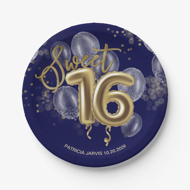 Assiettes En Carton Gold Foil Sweet 16 Ballons d'anniversaire Royal Bl (Devant)