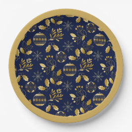 Assiettes En Carton Gold Framed Blue Gold Holiday Pattern