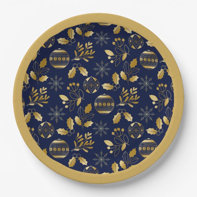 Assiettes En Carton Gold Framed Blue Gold Holiday Pattern (Devant)