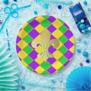 Assiettes En Carton Gold Green Mardi Gras Harlequin Motif