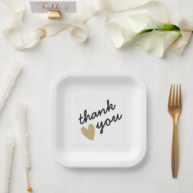 Assiettes En Carton Gold Heart Simple Sincere Merci (Mariage)
