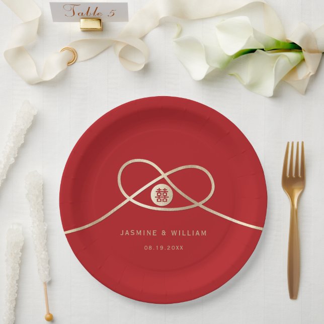 Assiettes En Carton Gold Knot Union Double Bonheur Mariage chinois (Mariage)
