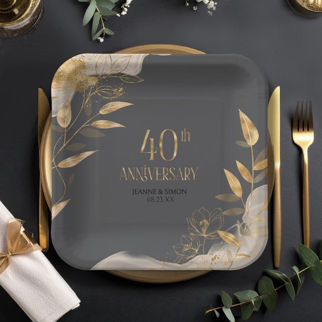 Assiettes En Carton Gold Leaf Floral 40th Anniversary ID1169 (Créateur téléchargé)