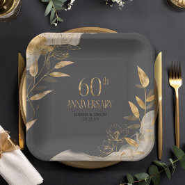 Assiettes En Carton Gold Leaf Floral 60th Anniversary ID1169