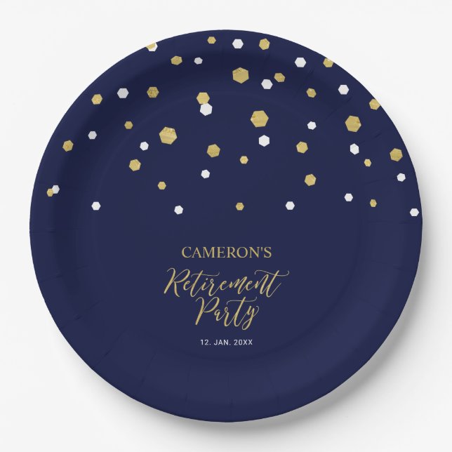 Assiettes En Carton Gold & Navy Blue Chic Confetti Retraite Party (Devant)