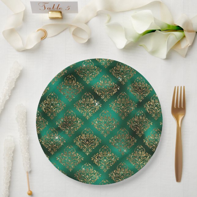 Assiettes En Carton Gold Noël Vacances Metallic Damask Élégant (Mariage)
