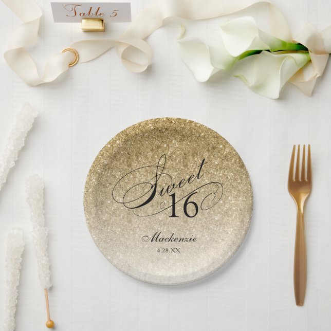 Assiettes En Carton Gold Parties scintillant Sweet 16 Personnalisé (Mariage)