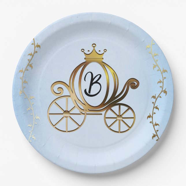 Assiettes En Carton Gold Princess Carriage Blue Storybook Royal (Devant)