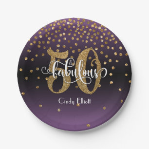 Assiettes En Carton Gold Purple Ombre 50 et fabuleux anniversaire