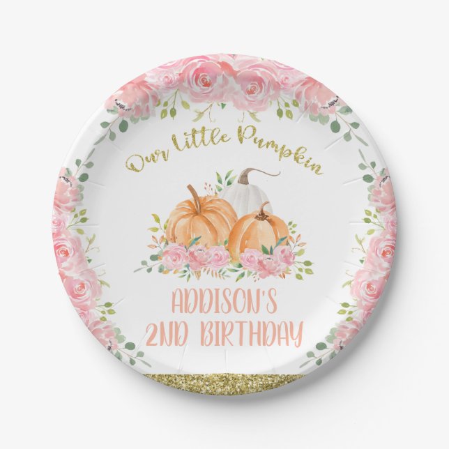 Assiettes En Carton Gold rose Floral Citrouille fête d'anniversaire  (Devant)