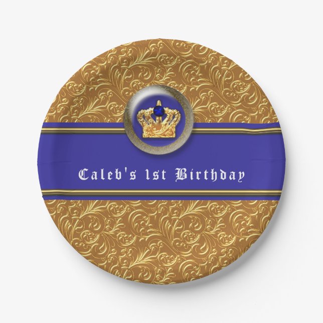 Assiettes En Carton Gold & Royal Blue Crown fête d'anniversaire Person (Devant)