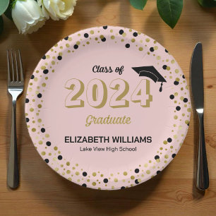 Assiettes En Carton Gold Script Confetti Graduation Party Pink Pap