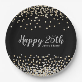 Assiettes En Carton Gold Silver Confetti Personnalisé 25ème anniversai