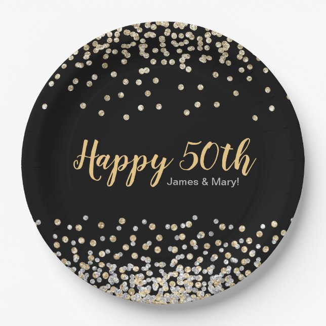 Assiettes En Carton Gold Silver Confetti Personnalisé 50e anniversaire (Devant)