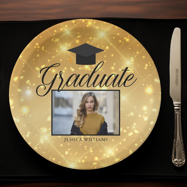 Assiettes En Carton Gold Sparkle Graduation Photo Chic Custom Party (Créateur téléchargé)