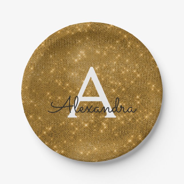 Assiettes En Carton Gold Sparkor & Shimmer Monogramme Anniversaire (Devant)