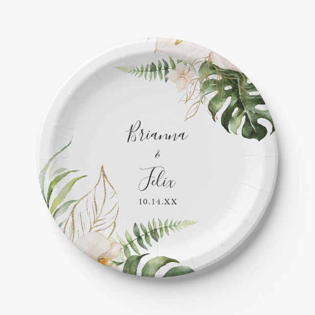 Assiettes En Carton Gold Tropical Folid Floral Mariage Cake (Devant)