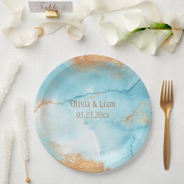 Assiettes En Carton Gold Turquoise Nom Abstrait Mariage moderne (Mariage)