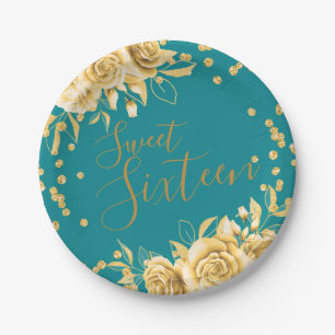 Assiettes En Carton Gold Turquoise Sweet 16 Parties scintillant Confet