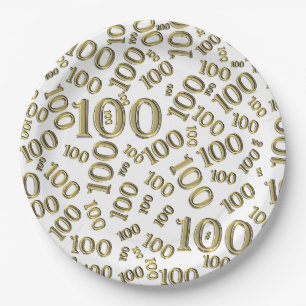 Assiettes En Carton Gold/White 100th Birthday Party Numéro Motif