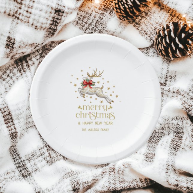 Assiettes En Carton Gold White Christmas Reindeer (Créateur téléchargé)
