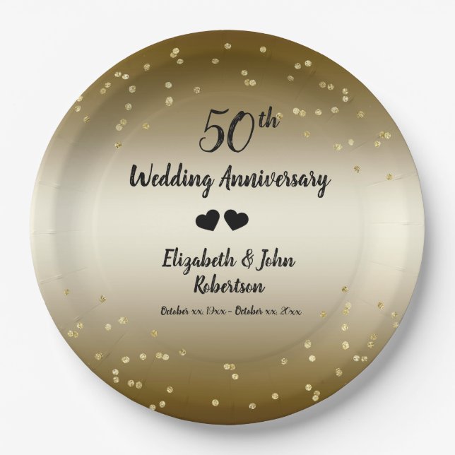 Assiettes En Carton Golden 50e anniversaire Mariage Confetti Elégant (Devant)