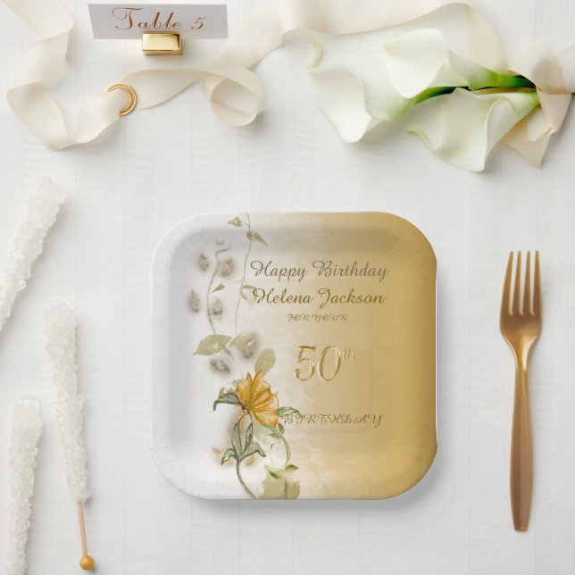 Assiettes En Carton Golden 50th birthday paper plates  (Mariage)