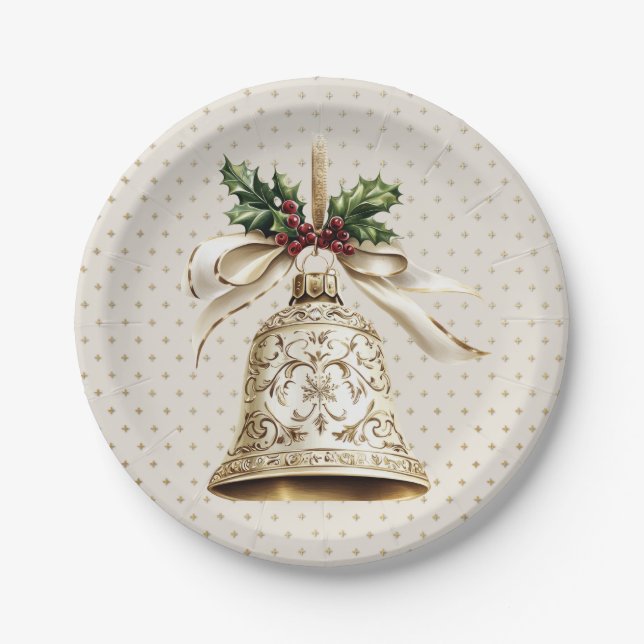 Assiettes En Carton Golden Christmas Bell Shiny Stars Green Feuilles (Devant)