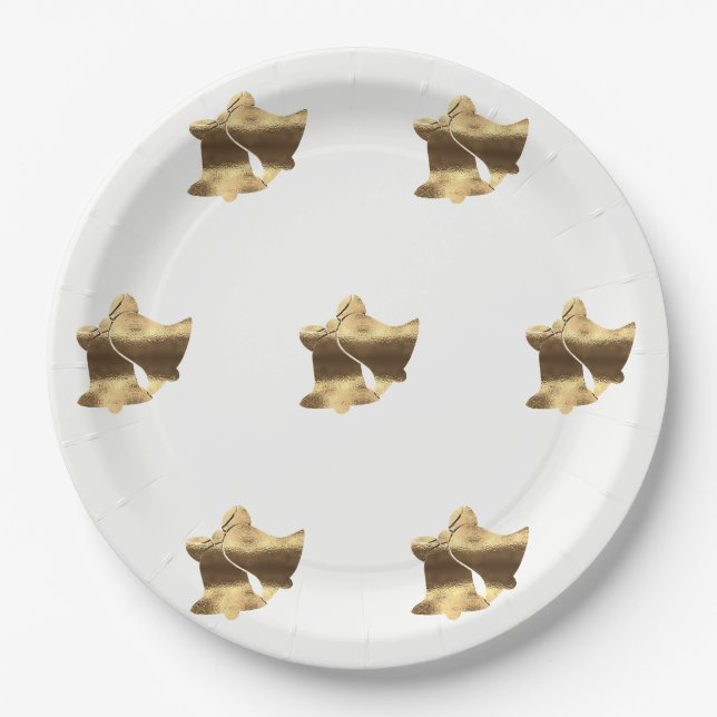 Assiettes En Carton Golden Christmas Bells White Gold Motif Élégant (Devant)