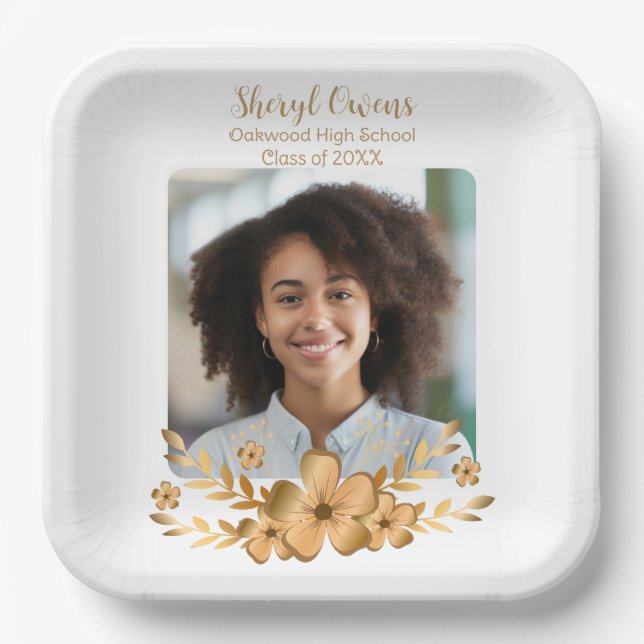 Assiettes En Carton Golden Flower High School College Graduation (Recto)