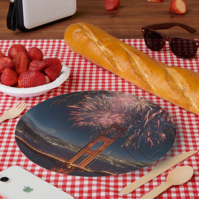 Assiettes En Carton Golden Gate Bridge Feu d'artifice de l'indépendanc (Pique-nique)