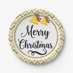 Assiettes En Carton Golden Glitt Bells Chevron Joyeux Noël