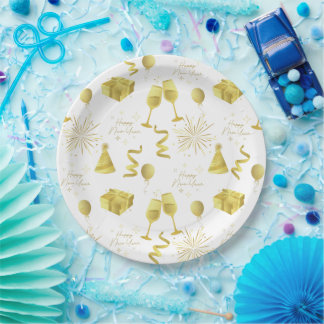 Assiettes En Carton Golden Happy New Year Pattern