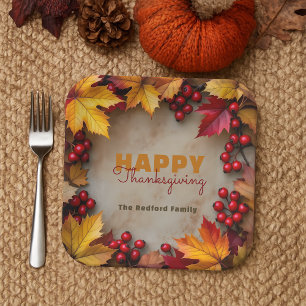 Assiettes En Carton Golden Maple Feuilles et Red Berries Thankgiving