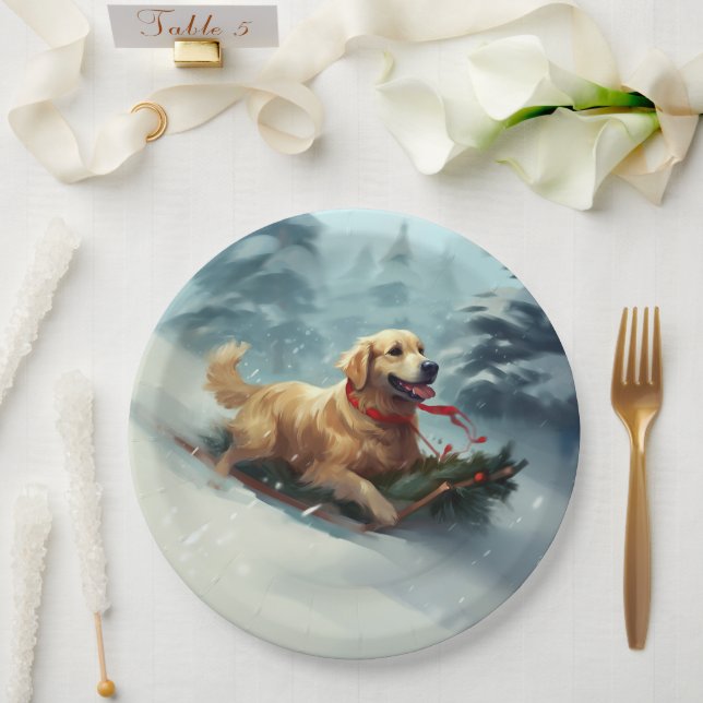 Assiettes En Carton Golden Retriers Noël neige hiver (Mariage)