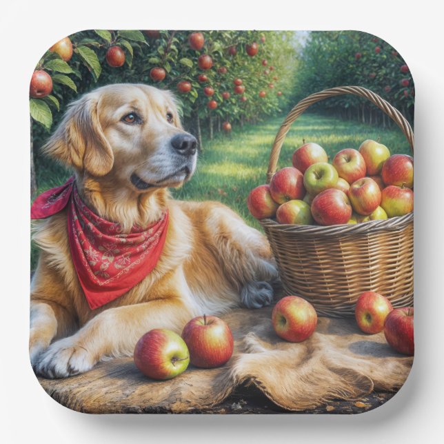 Assiettes En Carton Golden Retriever dans Apple Orchard (Recto)