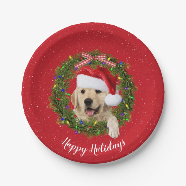 Assiettes En Carton Golden Retriever dans la couronne de Noël (Devant)