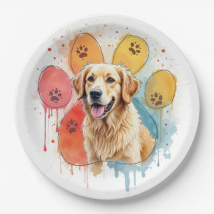 Assiettes En Carton Golden Retriever en Empreinte de patte aquarelle
