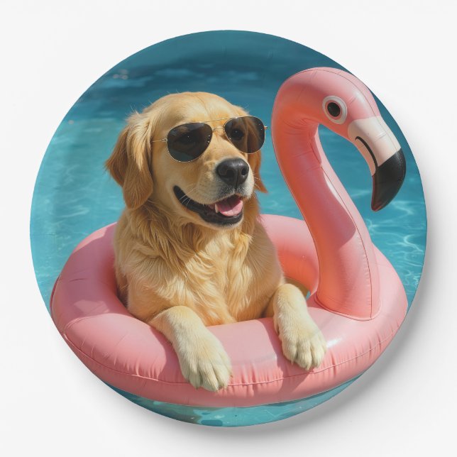 Assiettes En Carton Golden Retriever Floating On a Flamingo Pool Toy (Devant)