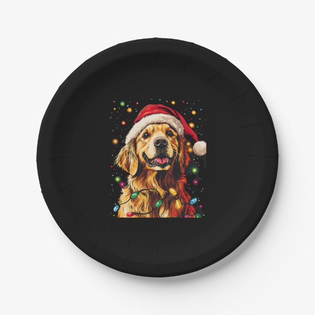 Assiettes En Carton Golden Retriever Funny dog Christmas Santa Hat lig (Devant)