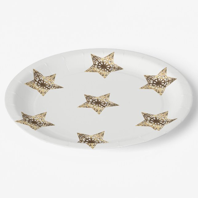 Assiettes En Carton Golden Stars White and Gold Festive Elégant (Angle)