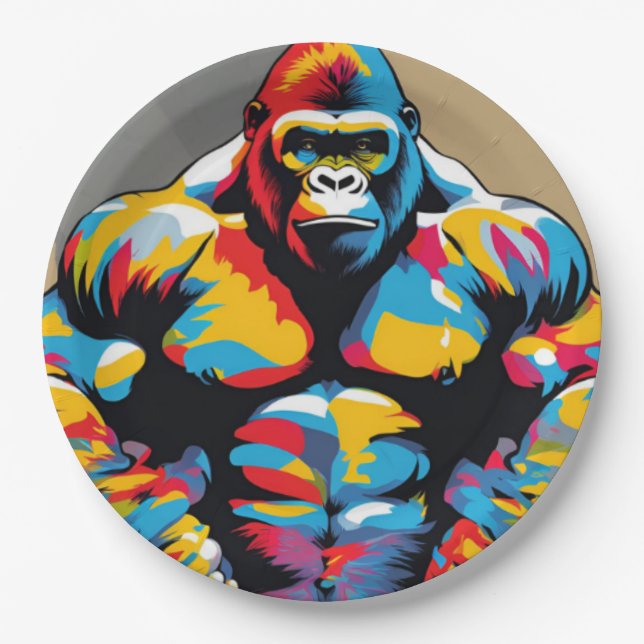 Assiettes En Carton Gorilla Bodybuilder Poids Lifter Pop Art Cartoon (Devant)
