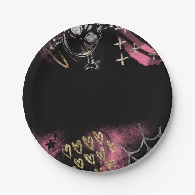 Assiettes En Carton Goth Skull Halloween Sweet 16 Anniversaire Fête (Devant)